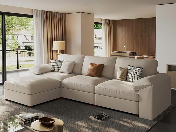 EASE MOOSE Leather Sectional Couch Oversized Modular Sectional Sofas Wide Deep Seat Modular Couch Scratch Resistant Faux Leather Material L Shaped Sofa for Big Spaces Beige