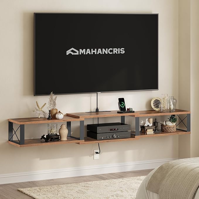 68.5 Floating TV Stand with Power Outlet Wall-Mounted Entertainment Center for 75+ inch TV Floating Media Console Shelf for Under TV Storage Living Room Bedroom Rustic Brown TVHR103E01
