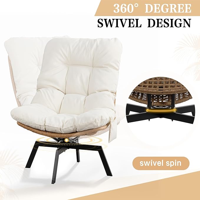 Vongrasig 360 Degree Swivel Wicker Accent Chair Modern Soft Thick Cushion Rattan Lounge Chair High Capacity Steel Frame Comfy Corner Reading Chair for Living Room Bedroom Dorm Rooms (Beige)