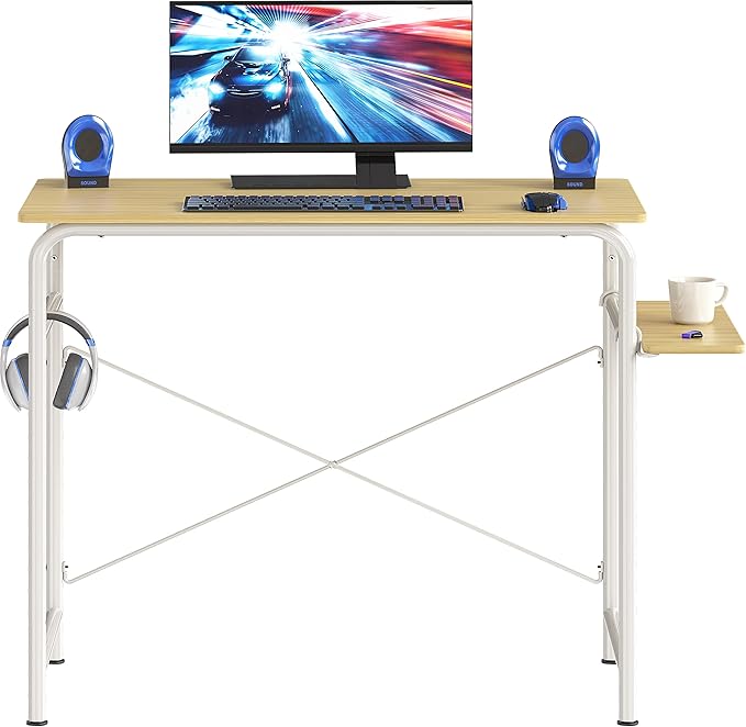 SHW Small Gaming Home Office Computer Desk with Shelf Oak