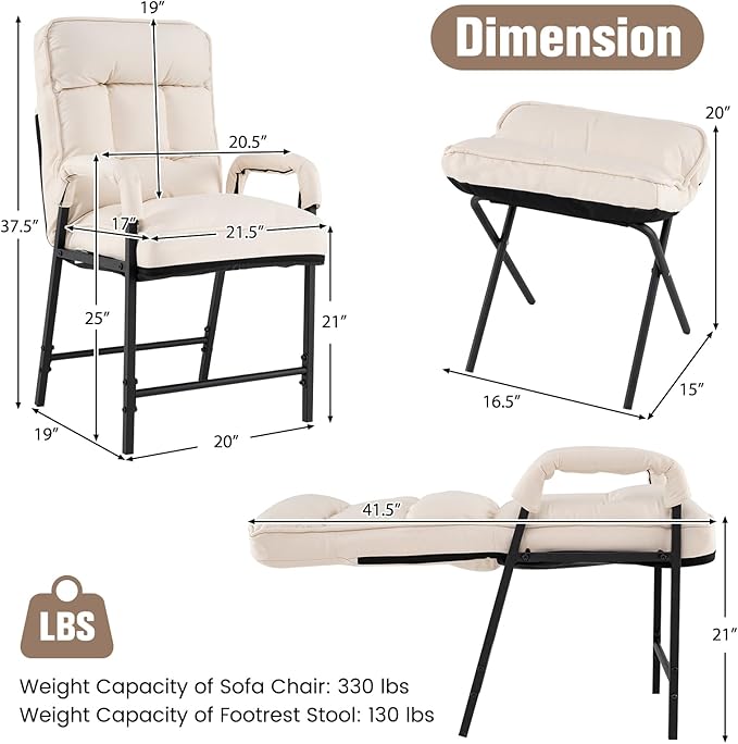 Giantex Modern Accent Chair with Ottoman Upholstered Arm Chair with Adjustable Backrest &amp Solid Metal Frame Linen Fabric Single Sofa Chair and Footrest Set for Bedroom Living Room (Beige)