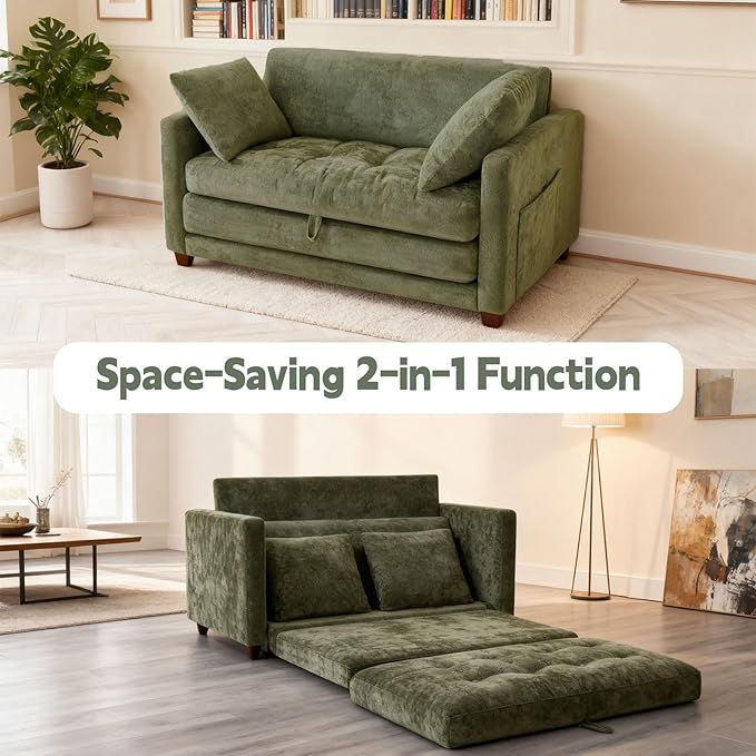 2-in-1 Convertible Loveseat Sofa Bed - Folding Pull-Out with Deep Seat 2 Pillows &amp Solid Steel Frame Loveseat Sleeper Sofa Bed for Small Spaces Apartment Living Room &amp Guest Room (Green Ch