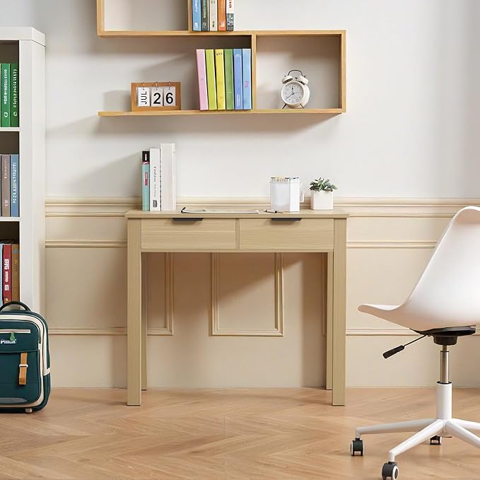 VEVOR Small Desk with Drawers Wooden Table for Home Office Small Computer Desk with Storage Vanity Desk with Drawers Study Table for Adults/Students for Drawing Reading Writing Light Wood