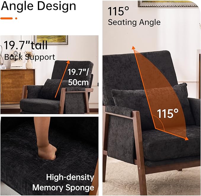 Accent Chairs Set of 2 Mid-Century Modern with Lumbar Support Pillow Upholstered Living Room Chairs with Wooden Chenille Armchair with Cushion Anthropologie Side Chair for Bedroom Black