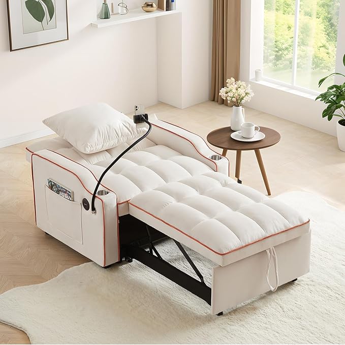 Convertible Sleeper Sofa Chair Bed 3 in 1 Velvet Single Small Futon Sofa Bed with Phone Holder &amp USB PortsPull Out Couch Recliner with Adjustable Backrest for Living Room Office Small Place(Be