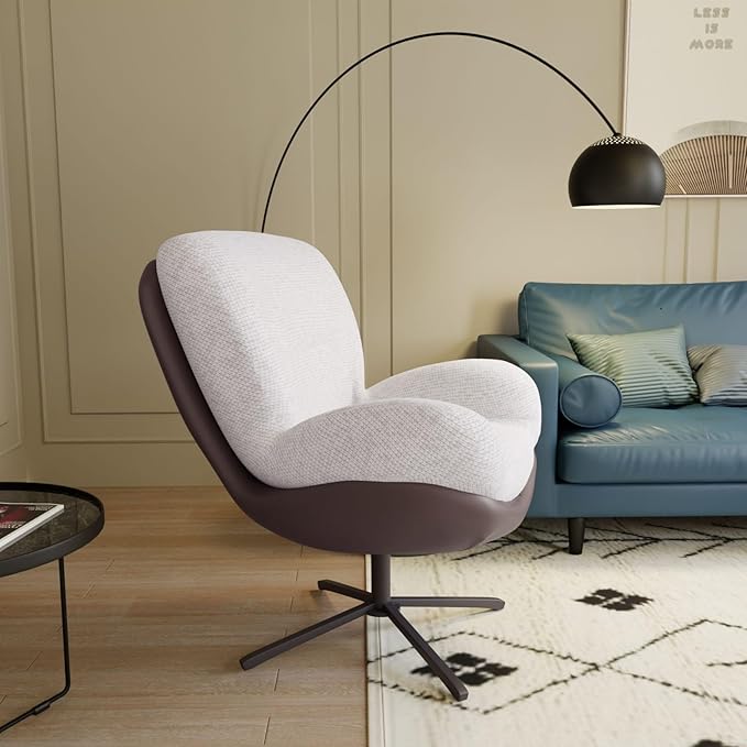 Merax 360° Swivel Accent Chair Modern Chenille Lounge Lazy Sofa with Faux Leather and Metal Base Comfortable Reading Seating for Small Spaces Living Room Bedroom Office White