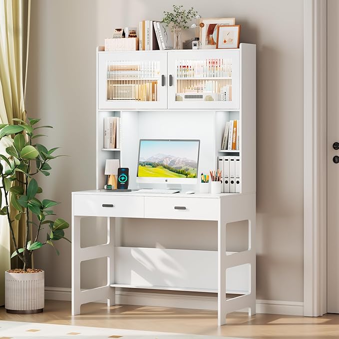 Vlsrka Home Office Desk with Hutch and Drawers 40 Computer Desk with Storage Shelves and LED Lights Modern Wooden Writing Study Table with Charging Station for Bedroom White