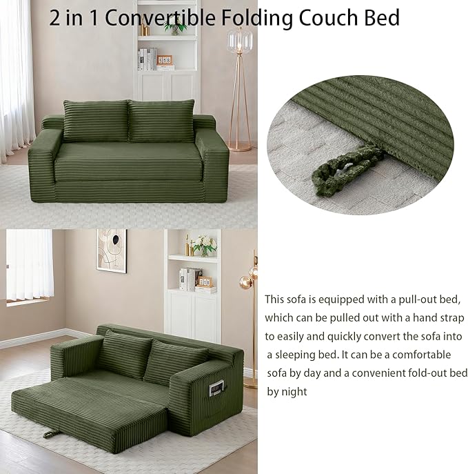 73 Memory Foam Cloud Loveseat Sofa 2 in 1 Convertible Folding Couch Bed Compressed Corduroy Floor Lounge Sofa No Assembly for Apartment Office Bedroom Living Room (Green)