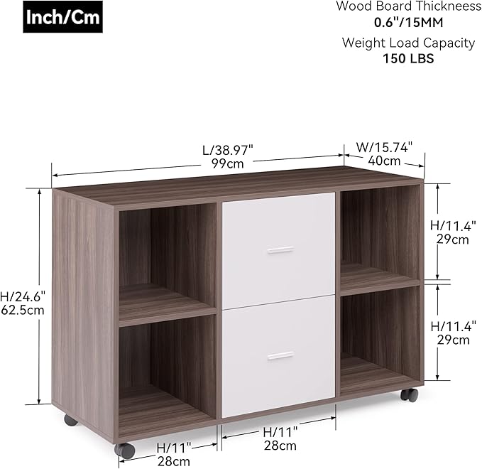 Mobile lateral Filing Cabinet with 2 Drawers and 4 Open Storage cabinets for Home Office Walnut Light Gray