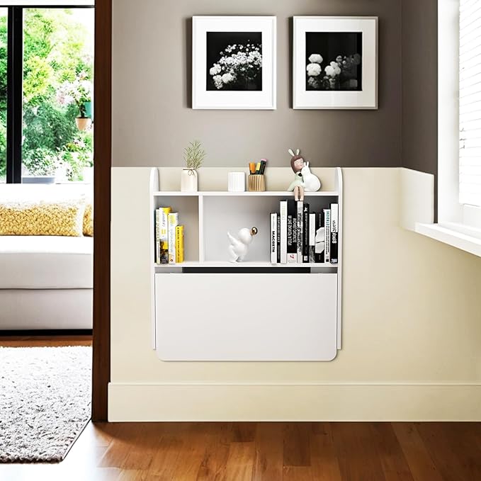 Wall Mounted Drop-Leaf Table Floating Laptop Desk Folding Table with Shelves Multifunctional Computer Workstation with Storage Compartments in Home Office for Space Saving (White)