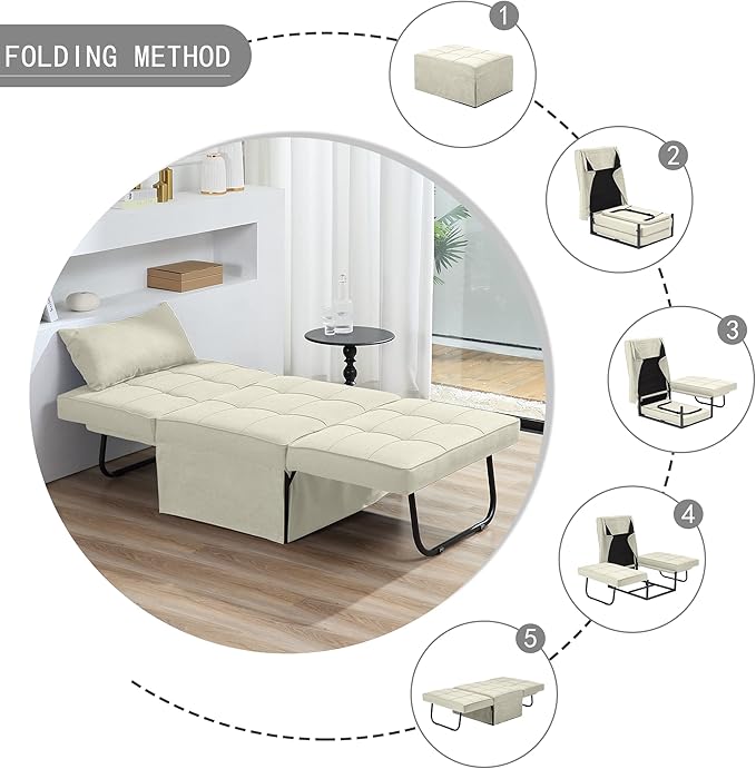 BIGSYY Sofa Bed Set of 4 in 1 Multi-Function Folding Ottoman Breathable Linen Couch Bed with Adjustable Backrest Modern Convertible Chair for Living Room Apartment Office White