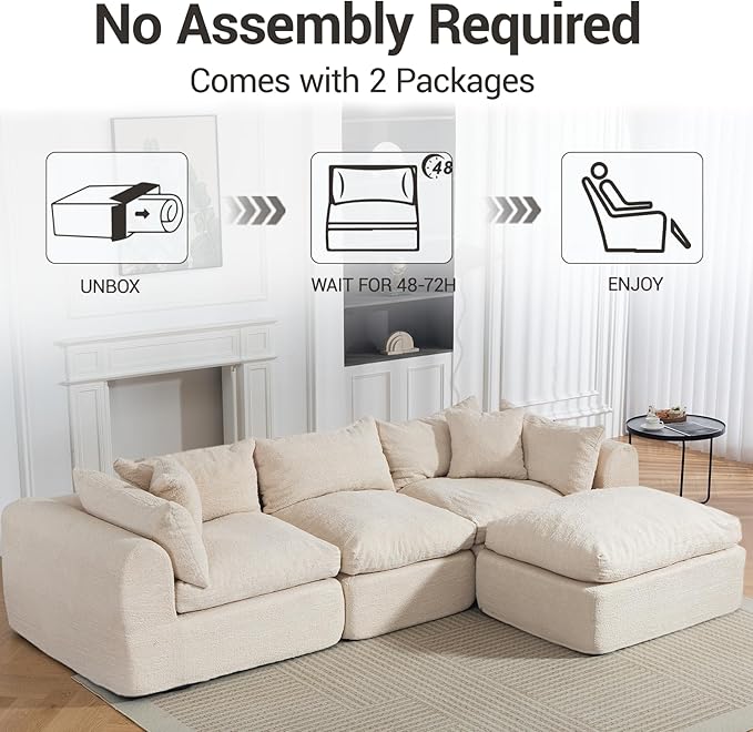 113'' Cloud Boneless Sofa Couches for Living Room with Deep Seat Modular Sectional Sofa with Ottoman for Living Room Bedroom No Assembly Beige