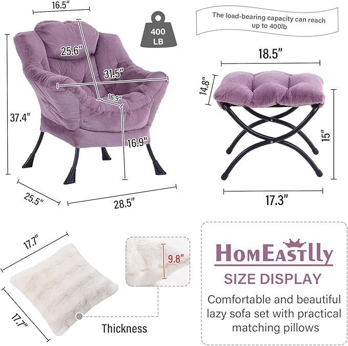 Lazy Chair with Ottoman Large Purple Accent Chair with Ottoman and FA Throw Pillow Comfy Plush Reading Chair for Living Room Bedroom Dorm Room Office Apartment Relaxing Use