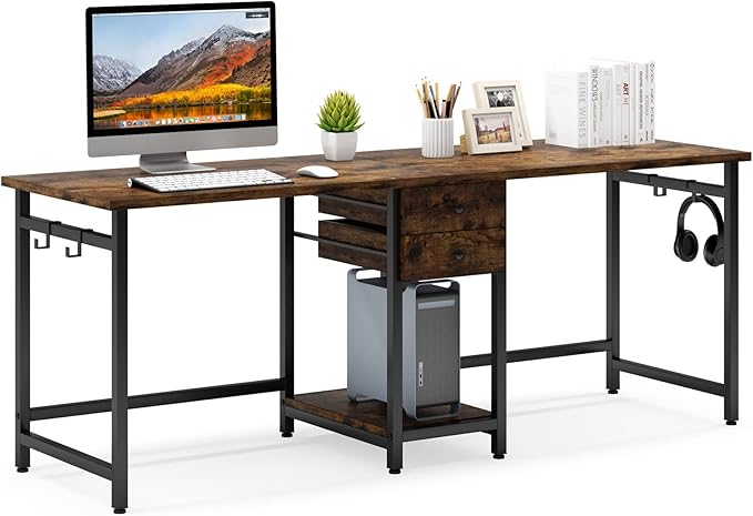 Tribesigns 78.74’’ Two Person Desk with 2 Drawers Long Double Computer Desk Gaming Table with Shelves Industrial Study Writing Table Workstation for Home Office Rustic Brown