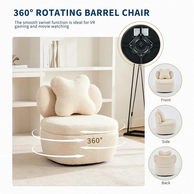 GarveeHome Teddy Velvet Swivel Accent Chair with Storage 360° Rotating Barrel Chair with Star Pillow Upholstered Comfy Single Sofa Chair for Living Room Bedroom Small Spaces Camel