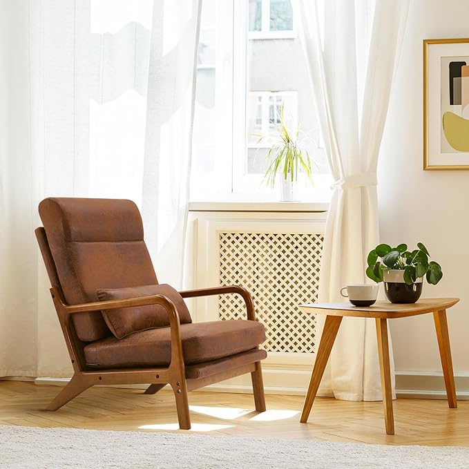 Hommoo Arm Chair Modern Accent Chair Comfy Linen Fabric Reading Chair High Back Leisure Chair with Wood Frame Accent Chair for Living Room Bedroom Balcony Set of 2 Brown