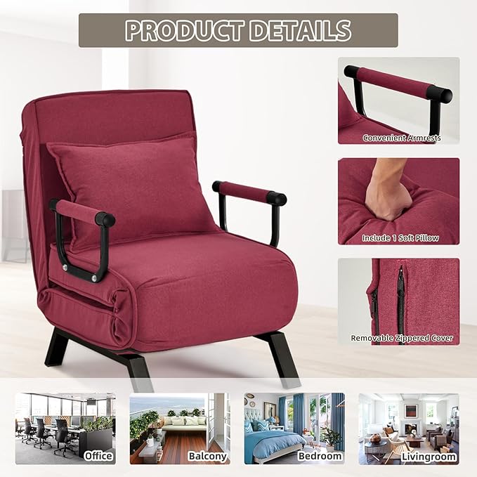 Convertible Sofa Bed Sleeper ChairSingle Person Chaise Lounge Couch with PillowUpholstered Lazy Bed with 6 Angles Adjustable BackrestFolding Sofa Arm Chair for Apartment/Office/Home (Red)