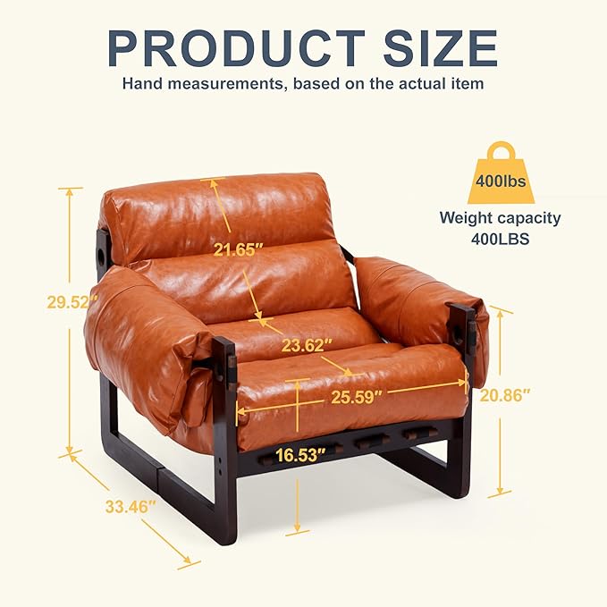 Mid Century Modern Accent Chair Leather Reading Chair with Solid Wood Frame and Removable Padded Armrests Upholstered Armchair for Living Room Balcony Lounge Reading Room Retro Orange