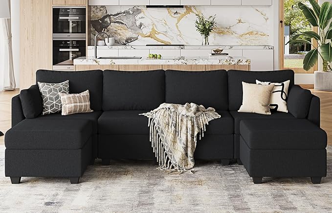 114.17 Modular Sectional Sofa 6 Seat Sectional Couches with Storage Memory Foam Convertible Modular Couch for Living Room U Shaped Comfy Modular Sofa with Chaise Black