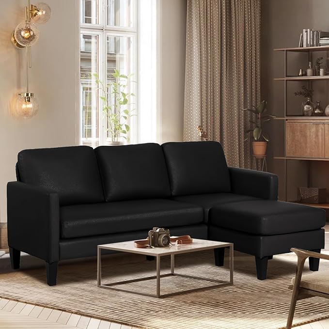 LEISU L Shaped Leather Sectional Sofa with Chaise for Small SpaceLiving Rooms Convertible CouchModern Modular Furniture Sets Suitable for HomeApartmentsDormBonus Living Room(Black)
