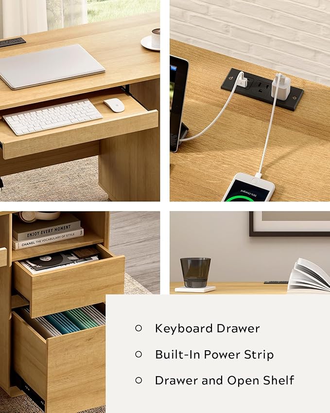 47 Executive Desk with File Drawer Farmhouse Computer Desk with Charging Station and Open Storage Compartment Wooden Home Office Desk for Writing Study Working Natural Oak