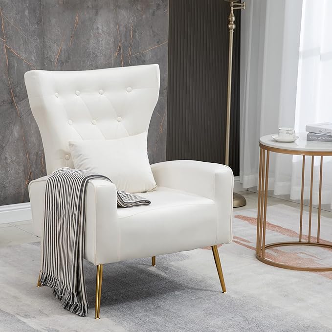 Button-Tufted Living Room Chairs Set of 2 WingBack Velvet Accent Chair Armchair with Lumbar Pillow Bedroom Chairs Vanity Chair Arm Chair with Golden Legs Cream