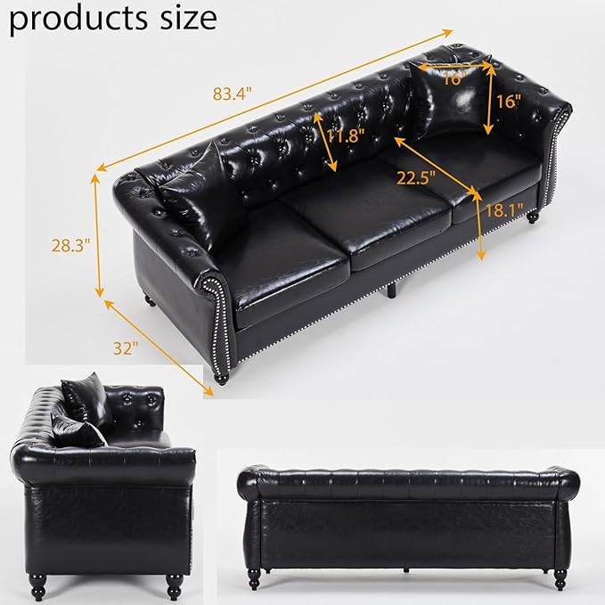 Leather Couche for Living Room 84 Inch Mid-Century Upholstered Modern Sofa CouchLeather Sofa Couch with Wooden Legs Chesterfield Sectional (Black)