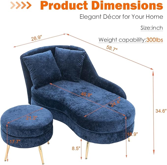 Chaise Lounge Chair Indoor Chenille Upholstered Chair with Left Armrest &amp Pillow Modern Lounge Chairs Sofa with Footstool for Living Room Bedroom Office (Blue)
