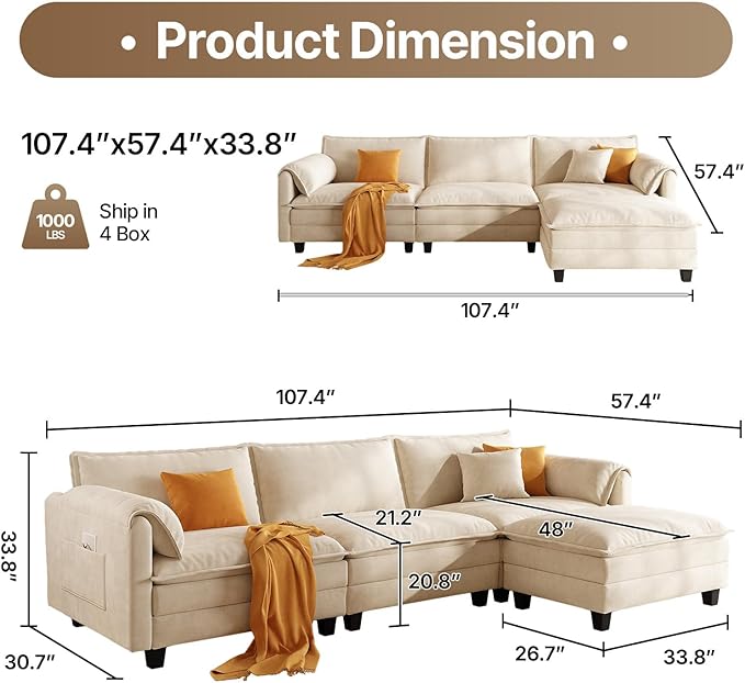 107 L Shaped Modular Sectional Cloud Couch with Pillow Deep Seat Sofa Couches for Living Room 4-Seat Modern Sofa with Movable Ottoman Comfortable Living Room Couch (Beige 107 Inch-L)