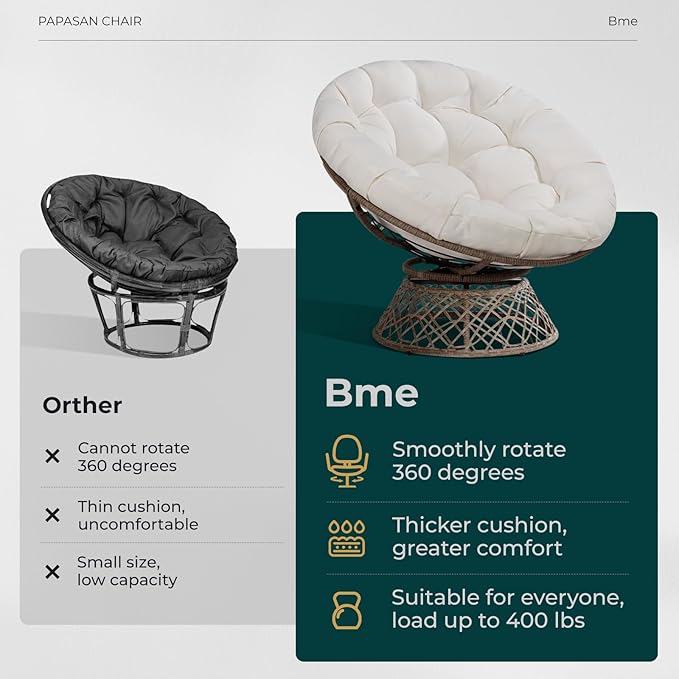 Bme 40 Ergonomic Wicker Papasan Chair with Soft Thick Cushion &amp Frame 360° Swivel Circle Reading Comfy Chair for Living Room Bedroom