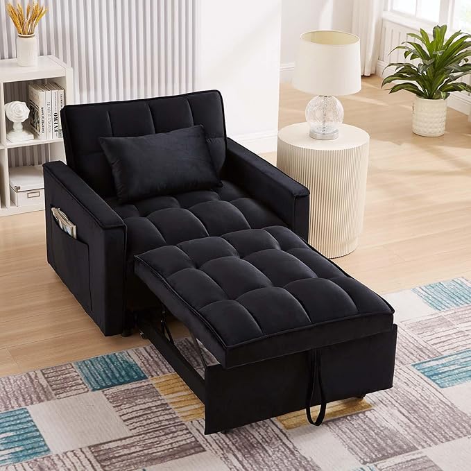 Antetek Sleeper Sofa Chair Bed Convertible Velvet Single Pull Out Sofa Chair Modern Tufted Living Room Reading Chair with Adjustable Backrest/Pillow for Small Space Apartment Office Black