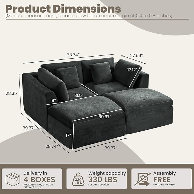 Modular Loveseat Sofa Bed with Ottomans Fully Compressed Modular Sofa Bed No Assembly Boneless Modular Couch for Living Room (Grey)