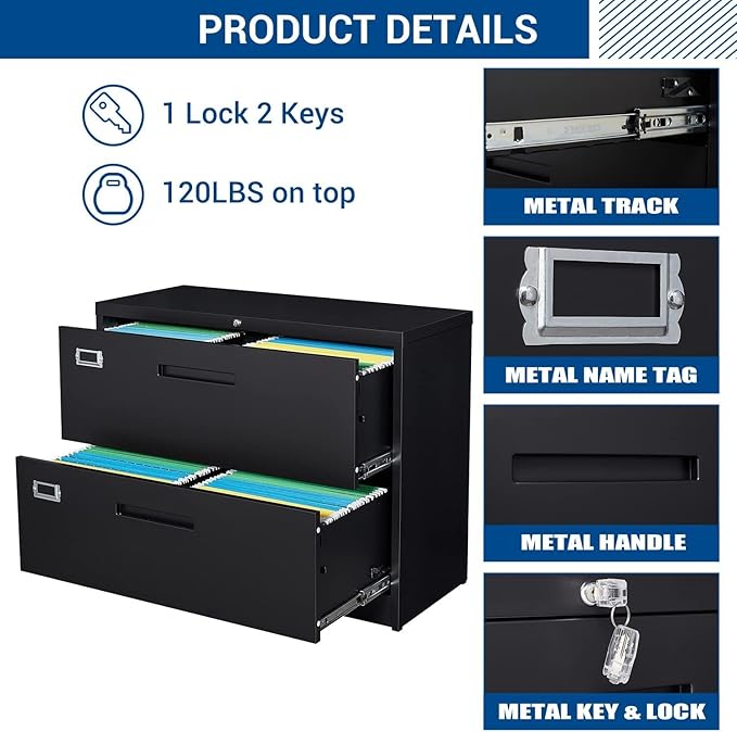 Lateral File Cabinet with Lock 2 Drawer Large Metal Filing CabinetHome Office Lockable Storage Cabinet for Hanging Files Letter/Legal/F4/A4 Size-Assembly Required