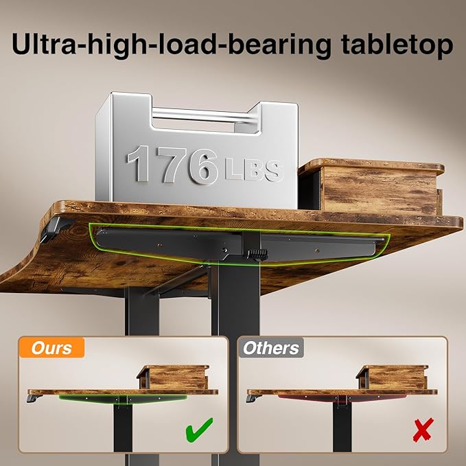 Veken 47.2×27.6 Standing Desk with Storage Drawers Adjustable Height Computer Table with Monitor Shelf Home Office Desk for Study Gaming Workstation Brown