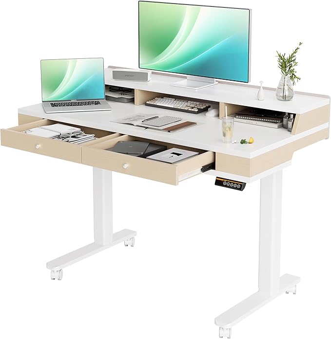 Claiks Standing Desk with Drawers Electric Adjustable Standing Desk Adjustable Height Sit Stand Up Desks with Storage Shelves &amp Wheels 48 Inch White