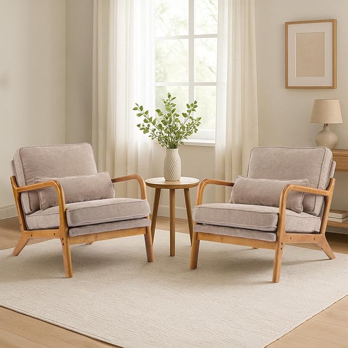 Karl home Mid Century Modern Accent Chair with Lumbar Pillow &amp Oak Arms – Plush Chenille Living Room Chair for Bedroom Lounge (Khaki)