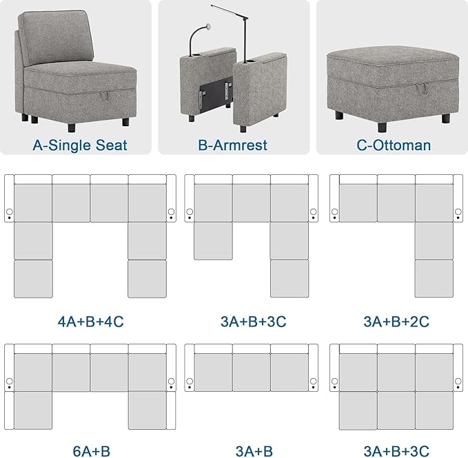 Fabric Middle Module for Modular Sofa Customizable Sectional Sofa Couch Accent Armless Chair with Storage Seat Single SeatGrey