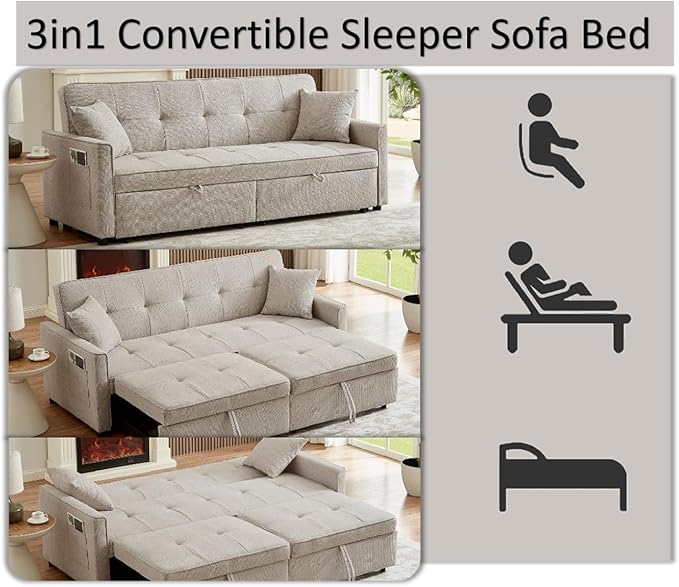 81 Inch Queen Size Convertible Sleeper Sofa 3 in 1 Sleeper Couch with Storage and Pull Out Bed Oversized Loveseat Futon Sofa Hide-A-Bed Fold Out Couch for Living Room