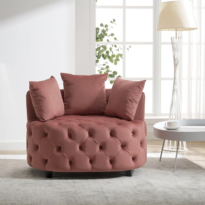 Round Accent Chair 40” Modern Velvet Sofa Chair with 3 Pillows Comfy Upholstered Tufted Club Lounge Chair for Living Room Bedroom Pink
