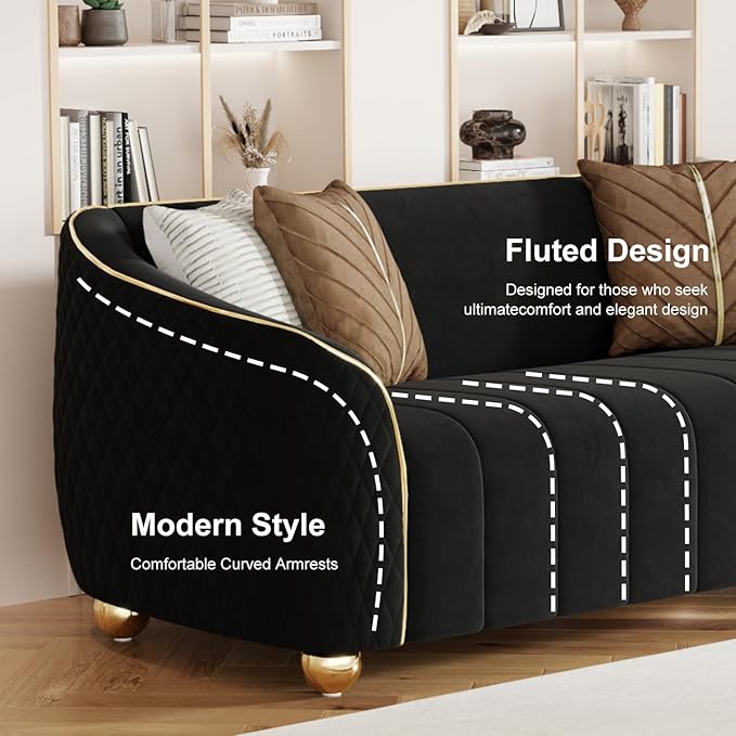 85 3-Seater Velvet Sofa - Modern Plush Spring Cushion Solid Wood Frame Spacious Deep Seat for Small Spaces Family Living Room &amp Office (Black 3S)