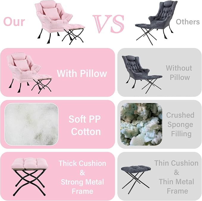 Lazy Chair with Ottoman Comfy Reading Lounge Chair with Footstool &amp Throw Pillow Modern with Armrests &amp Side Pocket for Living Room Bedroom Dorm Room Pink