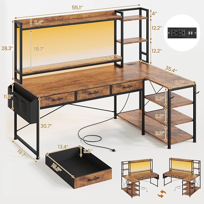 SEDETA 55 L Shaped Desk with Hutch Corner Computer Desk with Drawers &amp Shelves Reversible L Shaped Gaming Desk with Power Strip &amp LED Lights Monitor Stand Headphone Hook Rustic Brown
