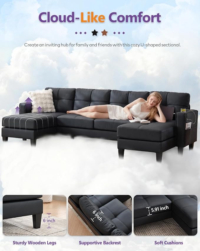 TYBOATLE 116’’ W Black Faux Leather Sectional w/USB and Cup Holders for Living Room Comfy Tufted U Shaped Sofa Couch w/Chaise Lounge Office Leather Sofa for Bedroom