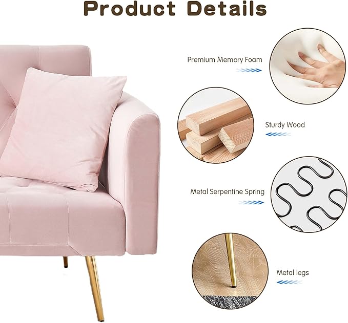 71Convertible Futon Sofa Bed - Modern Velvet Sleeper Couch with Adjustable Backrest Tufted Recliner with Golden Chrome Legs &amp 2 Pillows Perfect for Small Spaces Living Room &amp Apartment (Pi