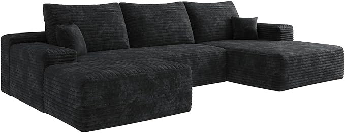 Oversized Corduroy Sectional Boneless Couch 108 W U Shaped Modular Sectional Sofa with Chaise/Ottoman No Assembly Required Compress Couches for Living Room (Black 3 seater+Ottoman+Left Chaise)