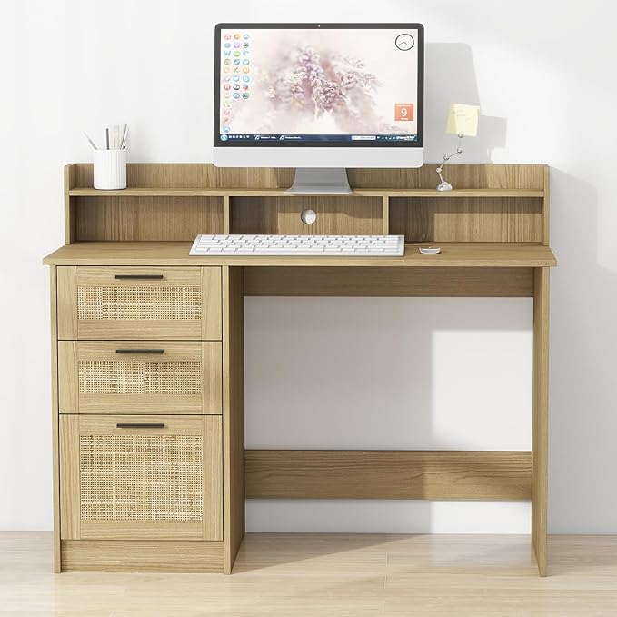 Computer Desk with Rattan Drawers and Hutch - 47 Inch Home Office Boho Writing Desk with Storage File Drawer &amp Monitor Stand Modern Wood Computer Table