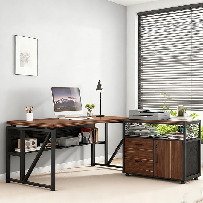 Tribesigns L-Shaped Desk with Drawers 63 Executive Office Desk with Mobile File Cabinet and Storage Shelves Home Office Business Furniture Set (Dark Brown and Black)