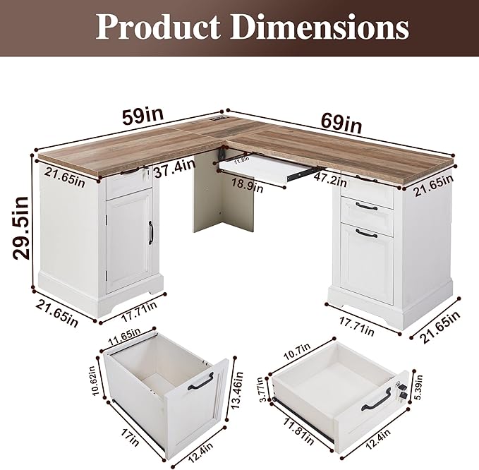 69 Farmhouse L Shaped Desk with Charging StationKeyboard TrayLockable Drawers and Storage Cabinet &amp Adjustable File CabinetWhite Corner Desk for Home Office