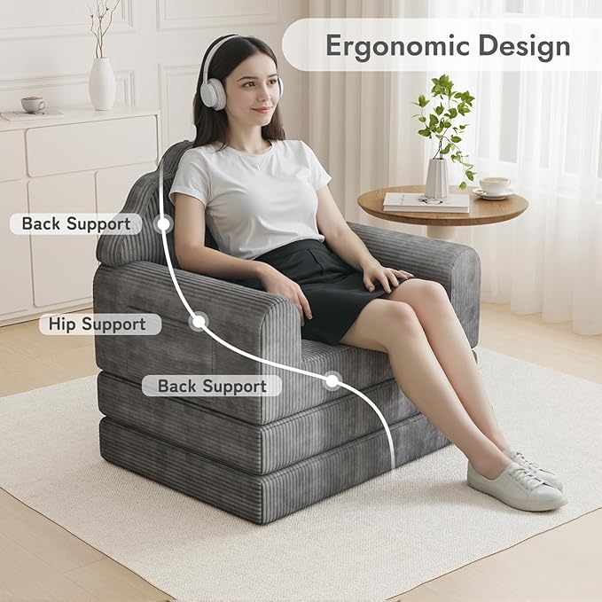 Folding Sofa Bed with Back Support 2-in-1 Convertible Futon Sleeper Chair for Adult 75 D x 34 W Fold Out Bean Bag Floor Foam Lounger Couch for Living Room Bedroom Small Space Grey