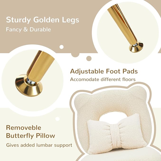 Furniliving Armless Upholstered Chair for Makeup Vanity Cute Sherpa Accent Chair for Living Room Bedroom Dressing Room Vanity Stool Chair with Back Gold Legs IvoryWhite